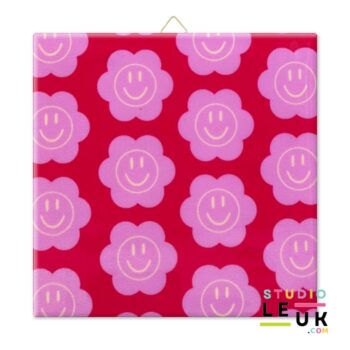Tegeltje - Roze smiley in Bloemen
